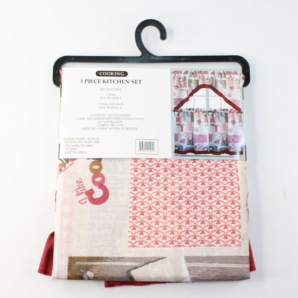 Luxury Home Collection 3 Piece Red I Love Cooking Kitchen Window Curtain Set - Picture 3 of 5